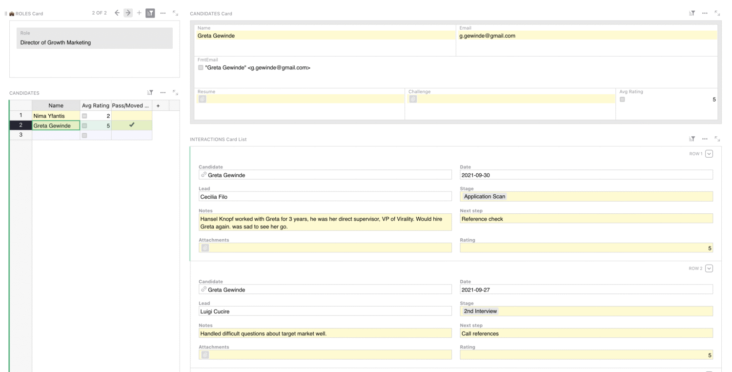 Dashboard page with 4 tables showing an open role being recruited for, as well as candidate information like contact, resume, rating, and stage