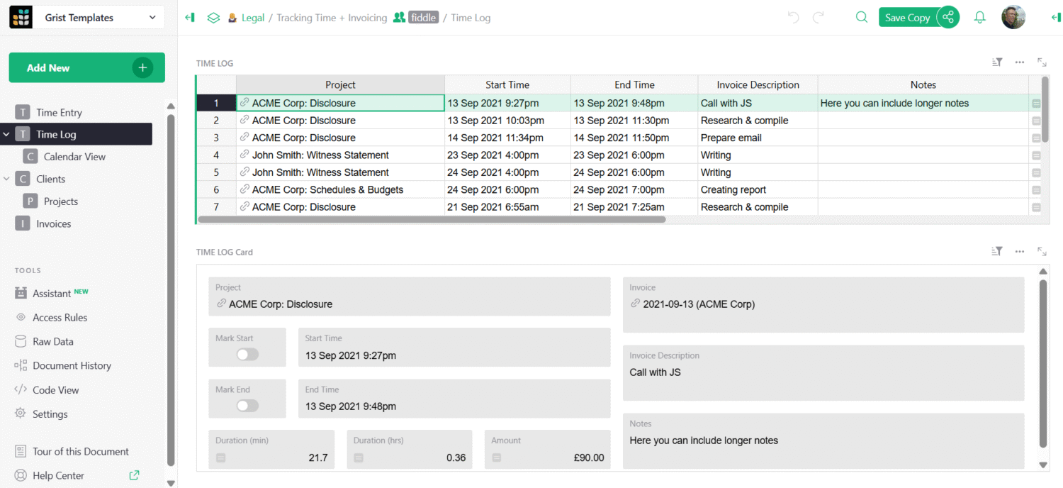 Billable hours spreadsheet template screenshot by Grist.