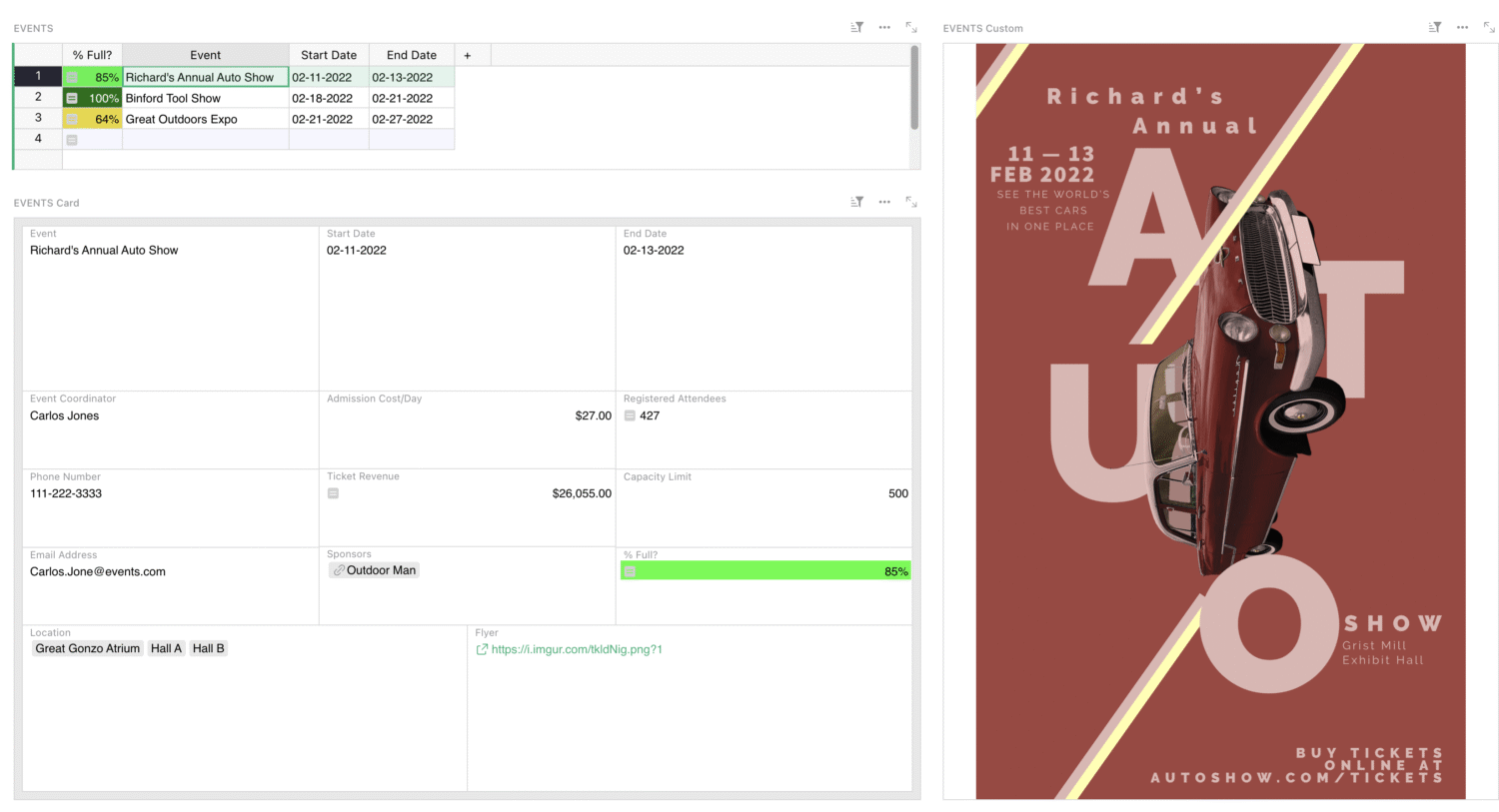 spreadsheet event planning dashboard with 2 tables and a large image of an event flyer