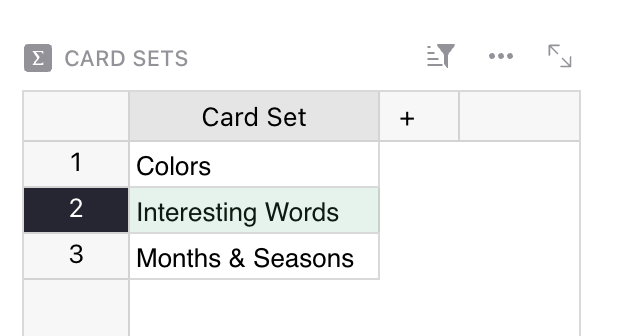 three card sets in a spreadsheet table view: colors, interesting words, and months & seasons