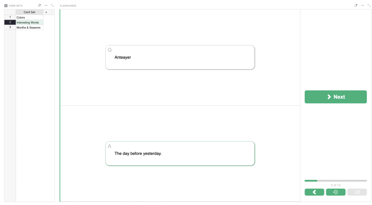 a spreadsheet table view showing flashcards for interesting Spanish words