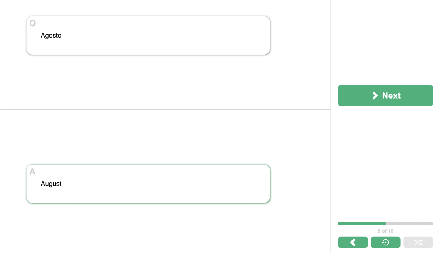 two flash cards in a spreadsheet view for the Spanish word Agosto, translated on the other side to August