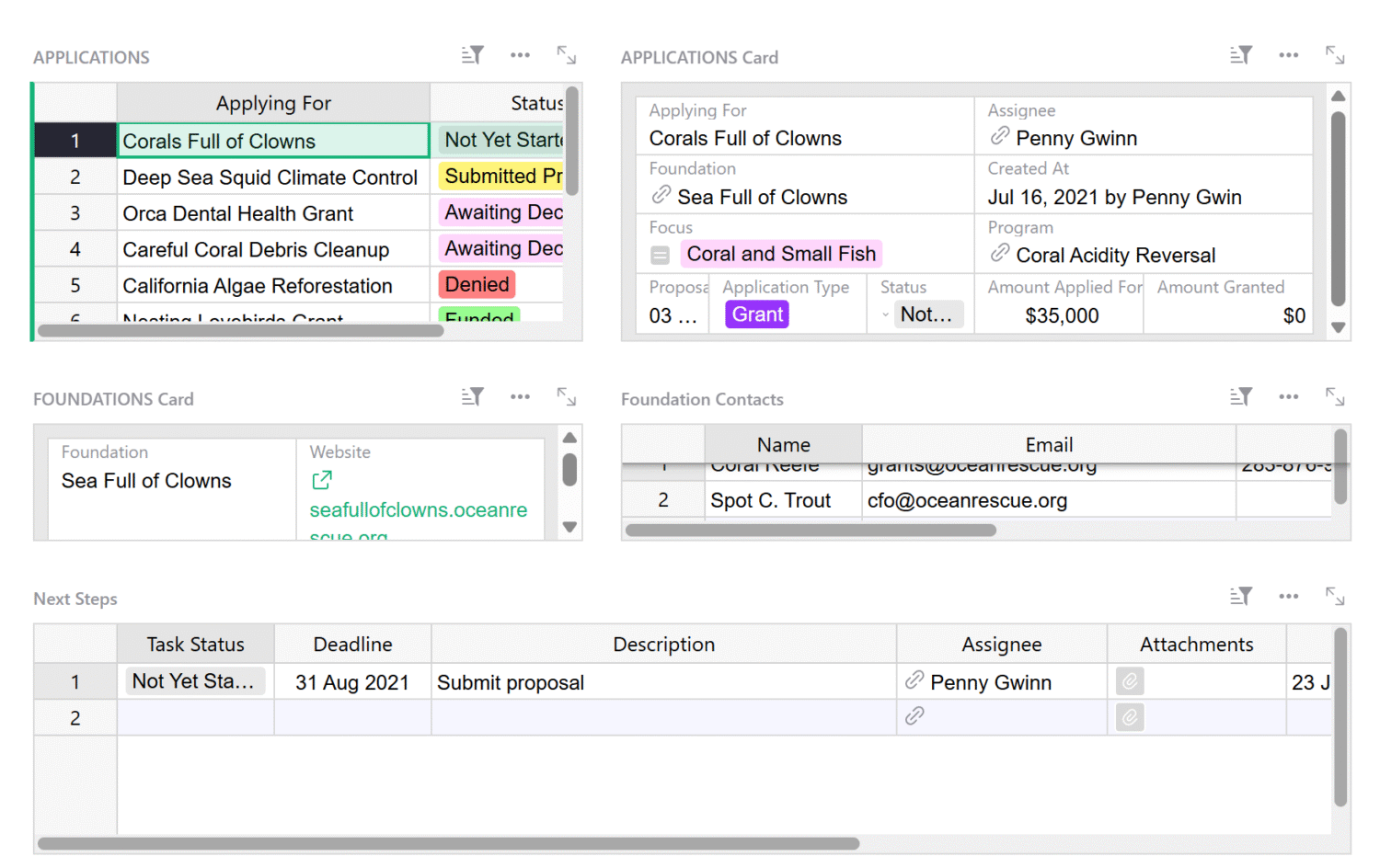 screenshot of the grant tracking spreadsheet template