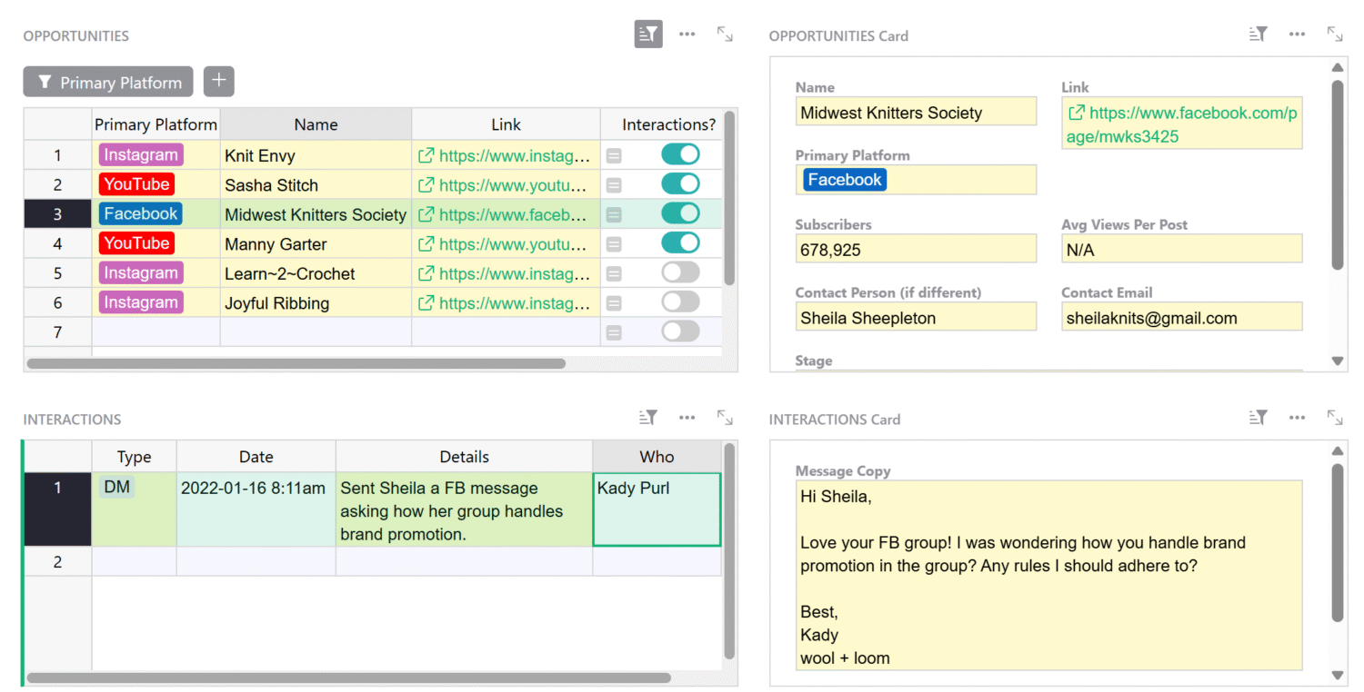 Grist Influencer Spreadsheet Template screenshot.