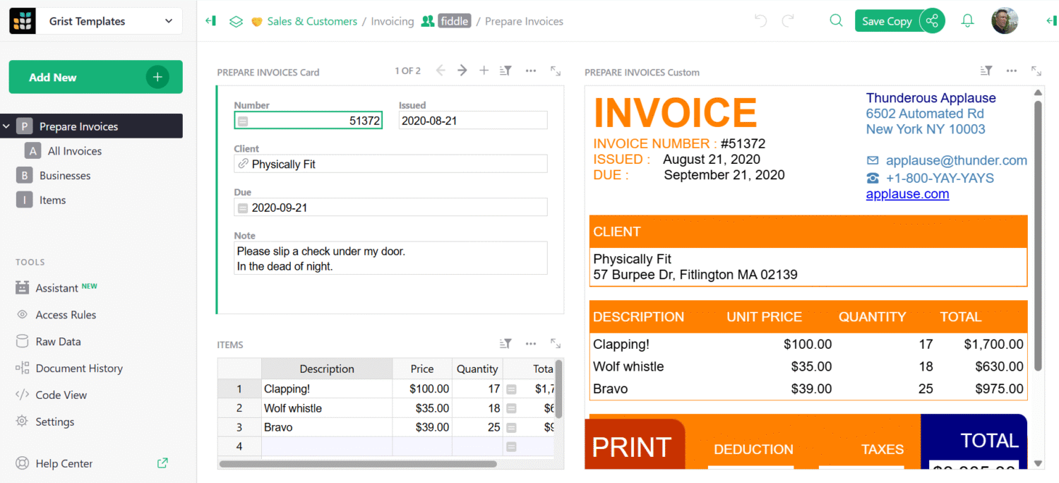 Screenshot of the Spreadsheet Invoice Template by Grist.