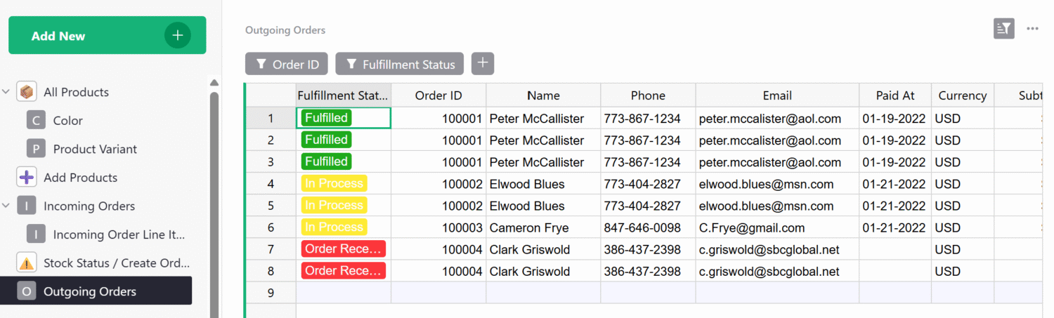 Tracking customer orders screenshot within the Grist Inventory Tracking Spreadsheet template.