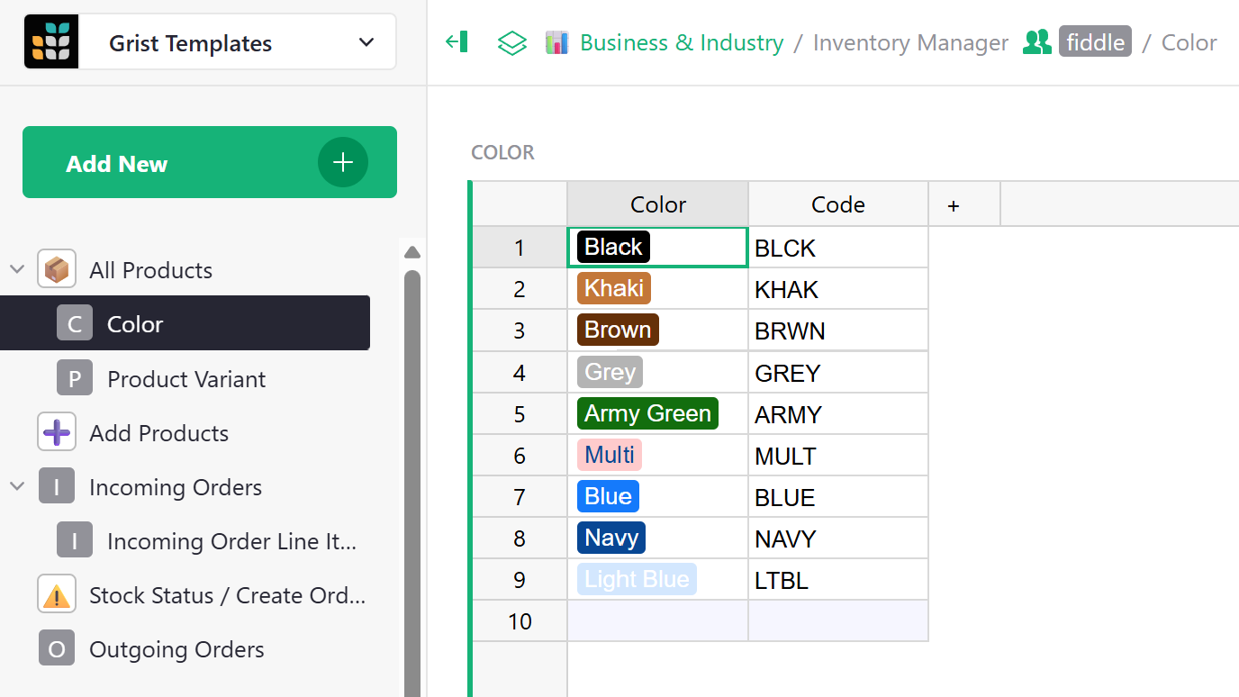 Adding colors screenshot within the Grist Inventory Tracking Spreadsheet template.