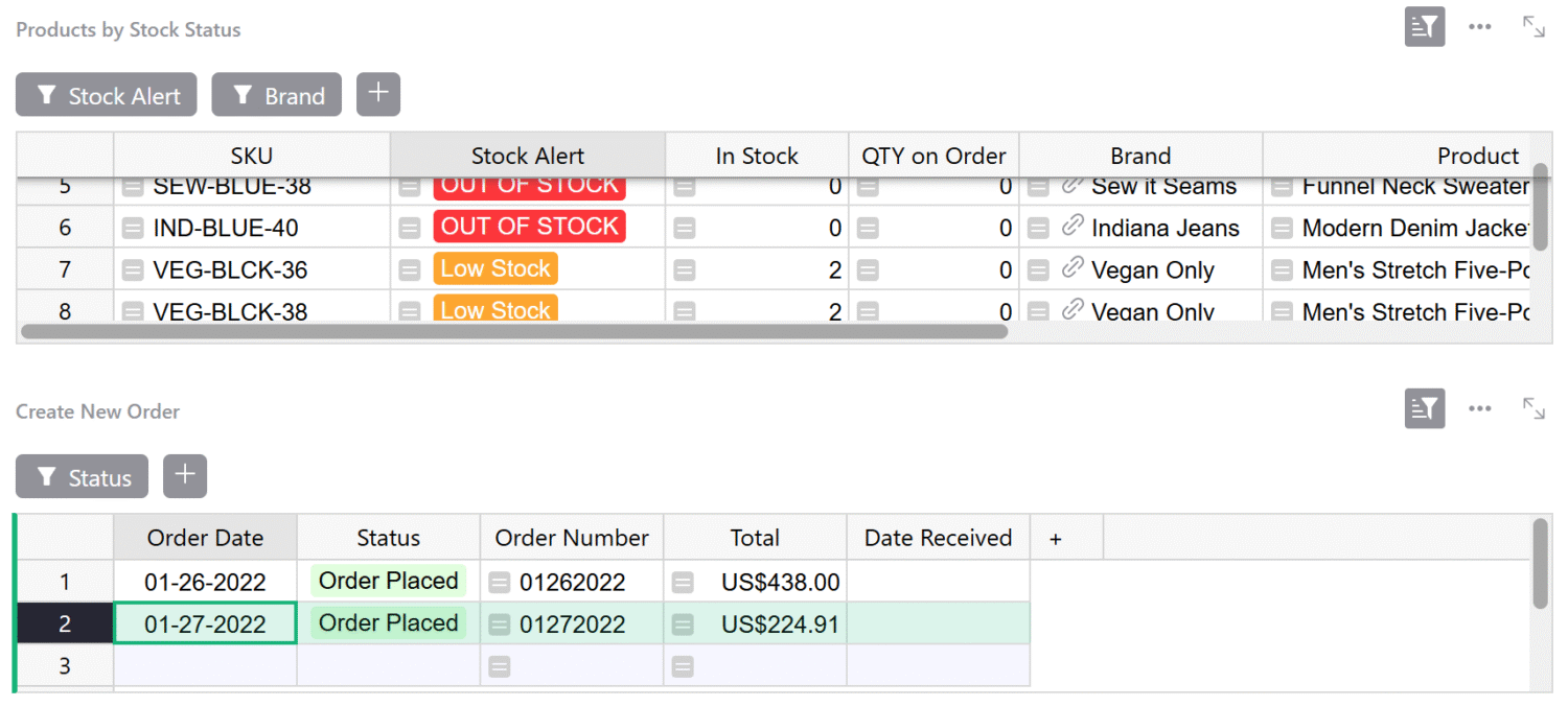 Creating a new order screenshot within the Grist Inventory Tracking Spreadsheet template.