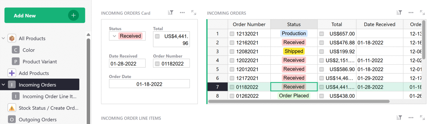 Tracking incoming orders screenshot within the Grist Inventory Tracking Spreadsheet template.