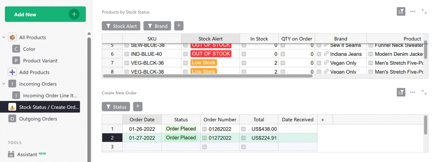 Tracking low stock items screenshot within the Grist Inventory Tracking Spreadsheet template.