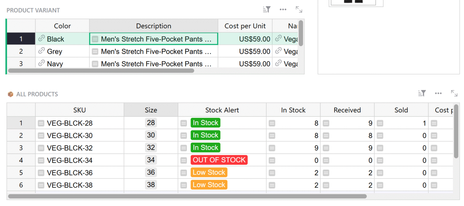 Adding product variant sizes screenshot within the Grist Inventory Tracking Spreadsheet template.