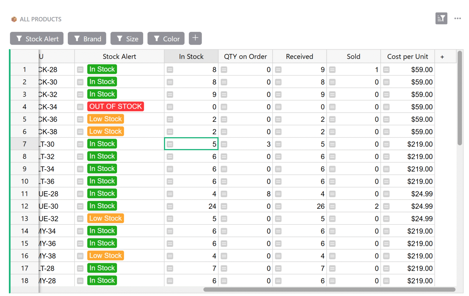Tracking inventory example within the Grist Inventory Tracking Spreadsheet template.