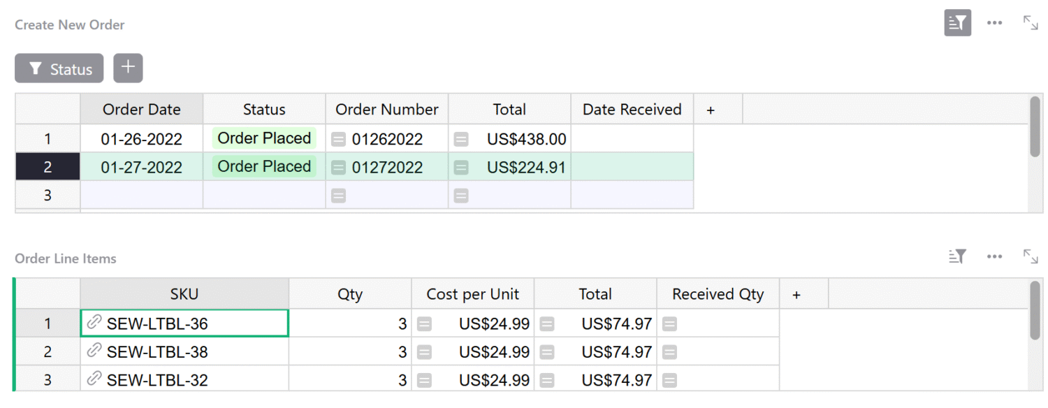 Adding items to a new order screenshot within the Grist Inventory Tracking Spreadsheet template.
