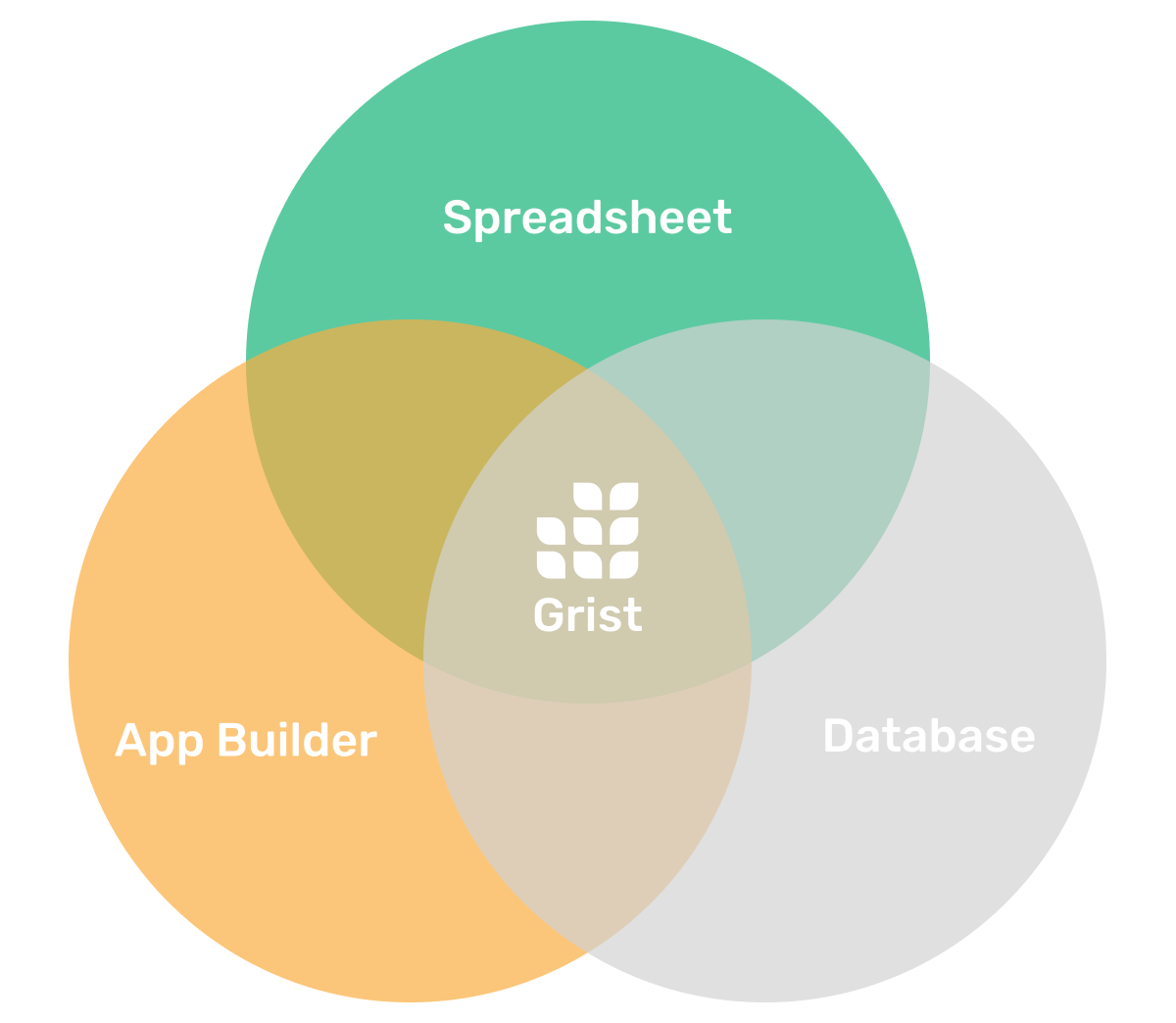 Venn diagram showing Grist at the center of Spreadsheet, App Builder and Database.