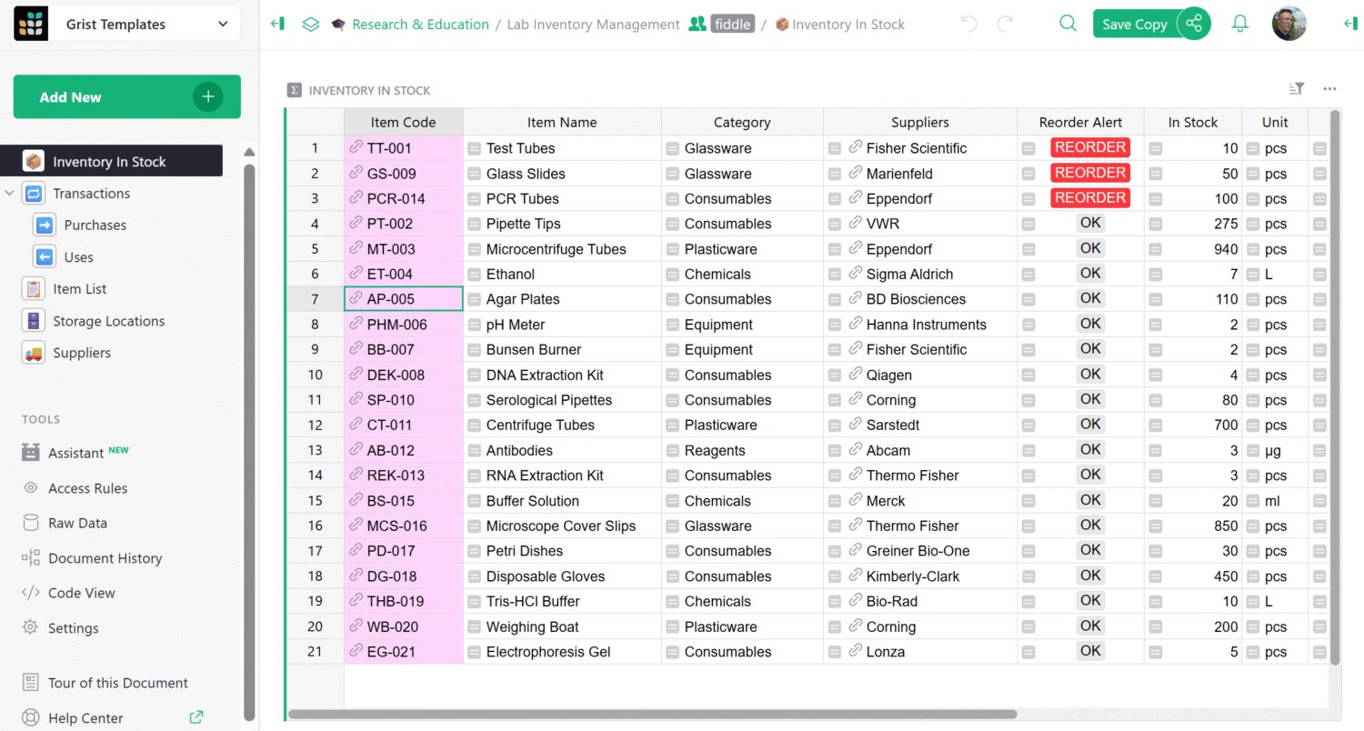 Screenshot of the Lab Inventory Management spreadsheet template by Grist.
