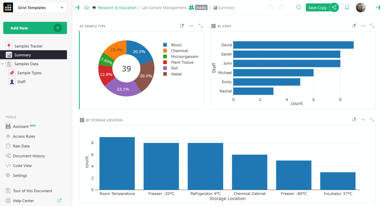Lab Sample Management spreadsheet template by Grist.