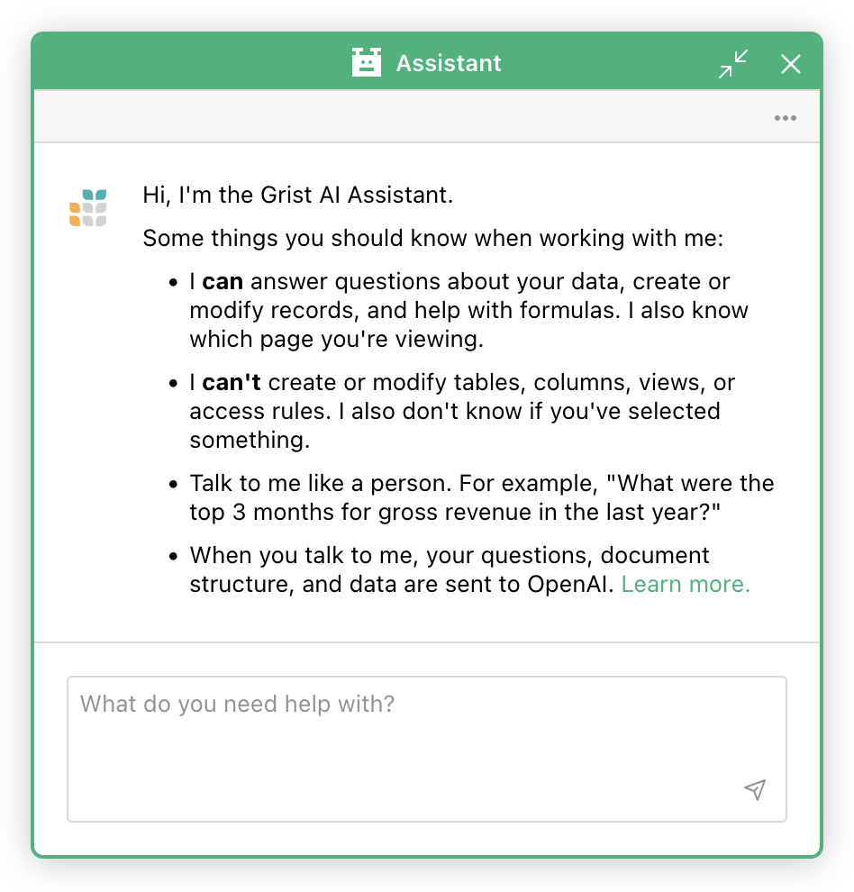 screenshot of Grist's AI Assistant for spreadsheets interface