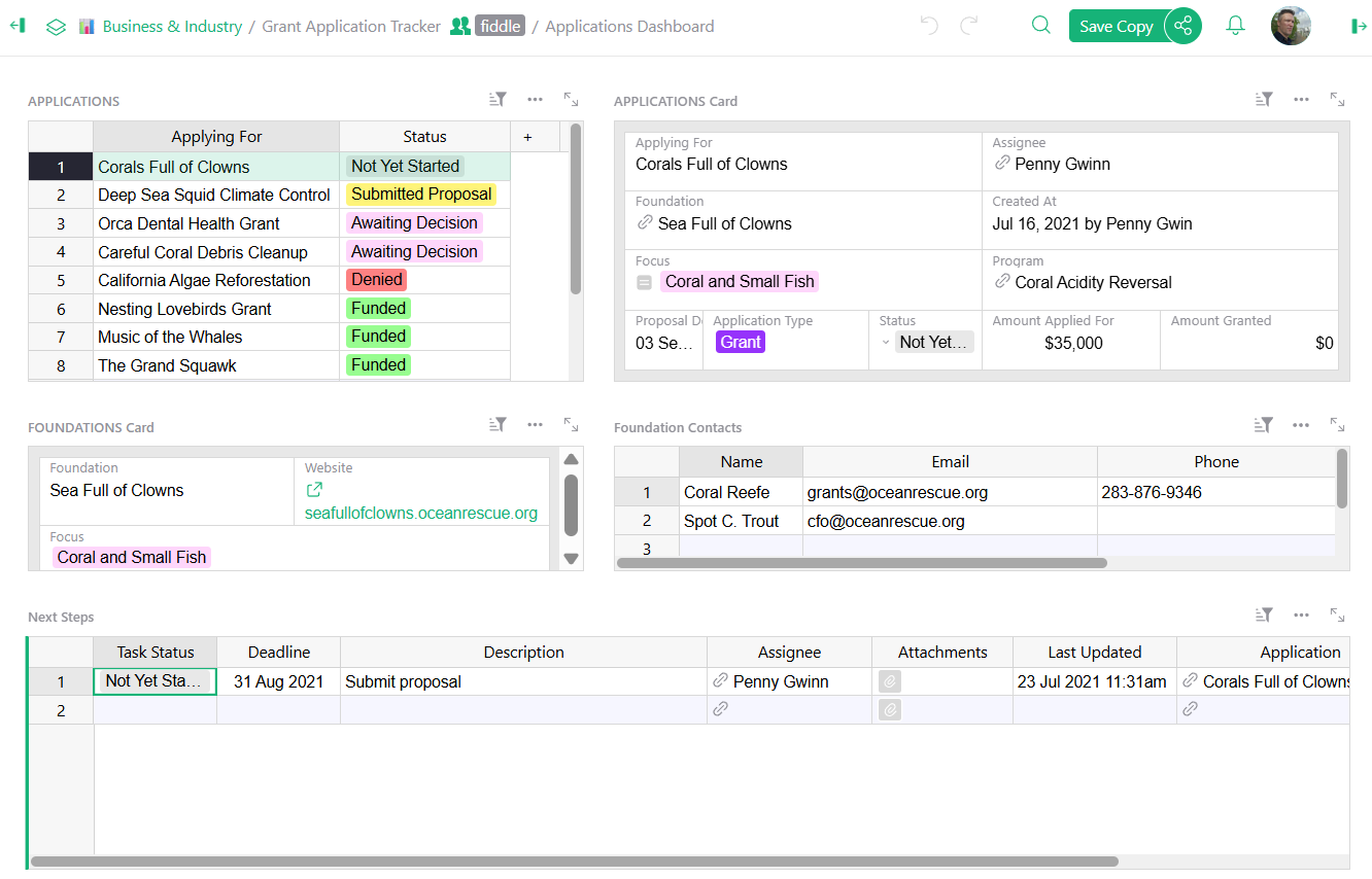 screenshot of the donor tracking table for nonprofits