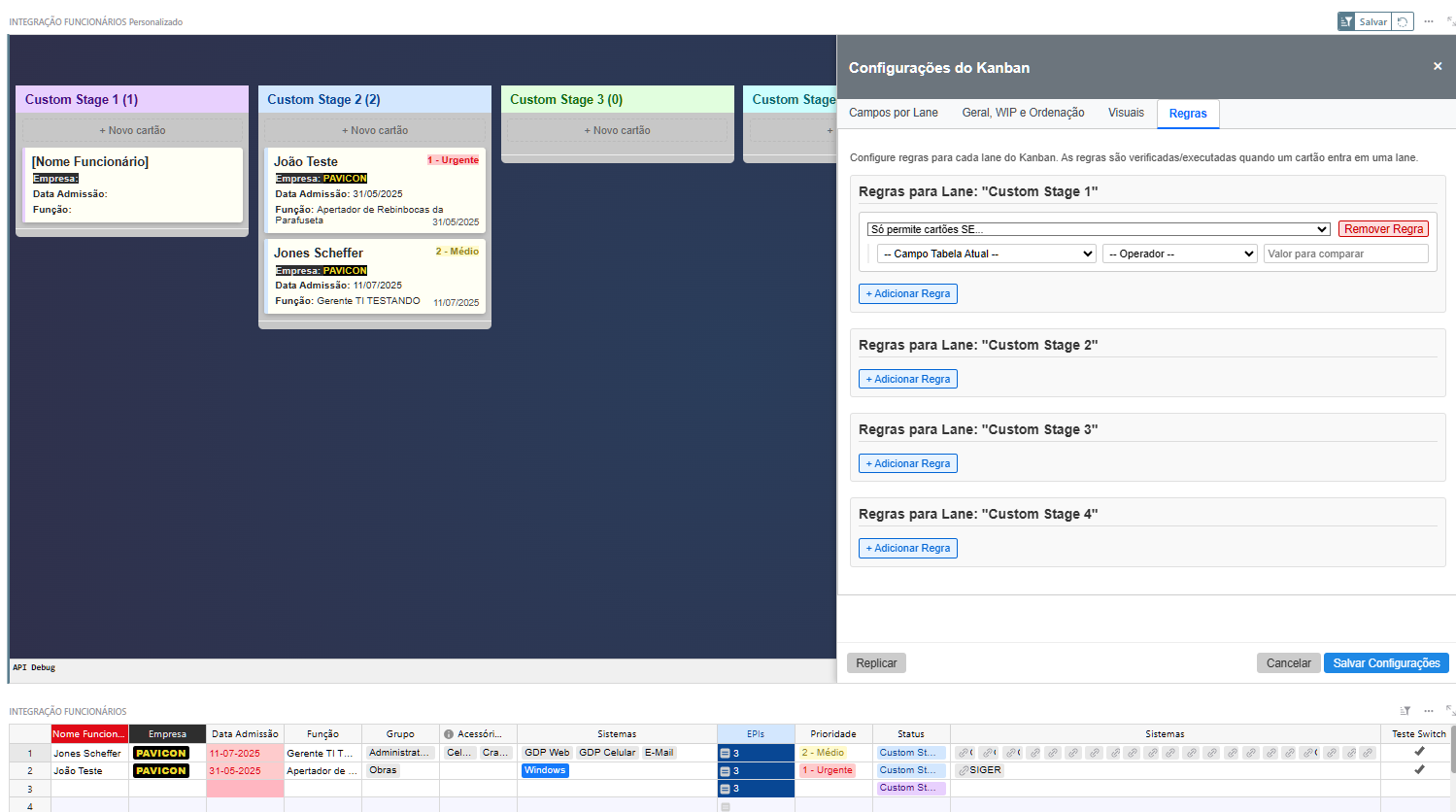 spreadsheet interface showing a custom kanban board, including action items, tasks, status, and custom rules and formatting