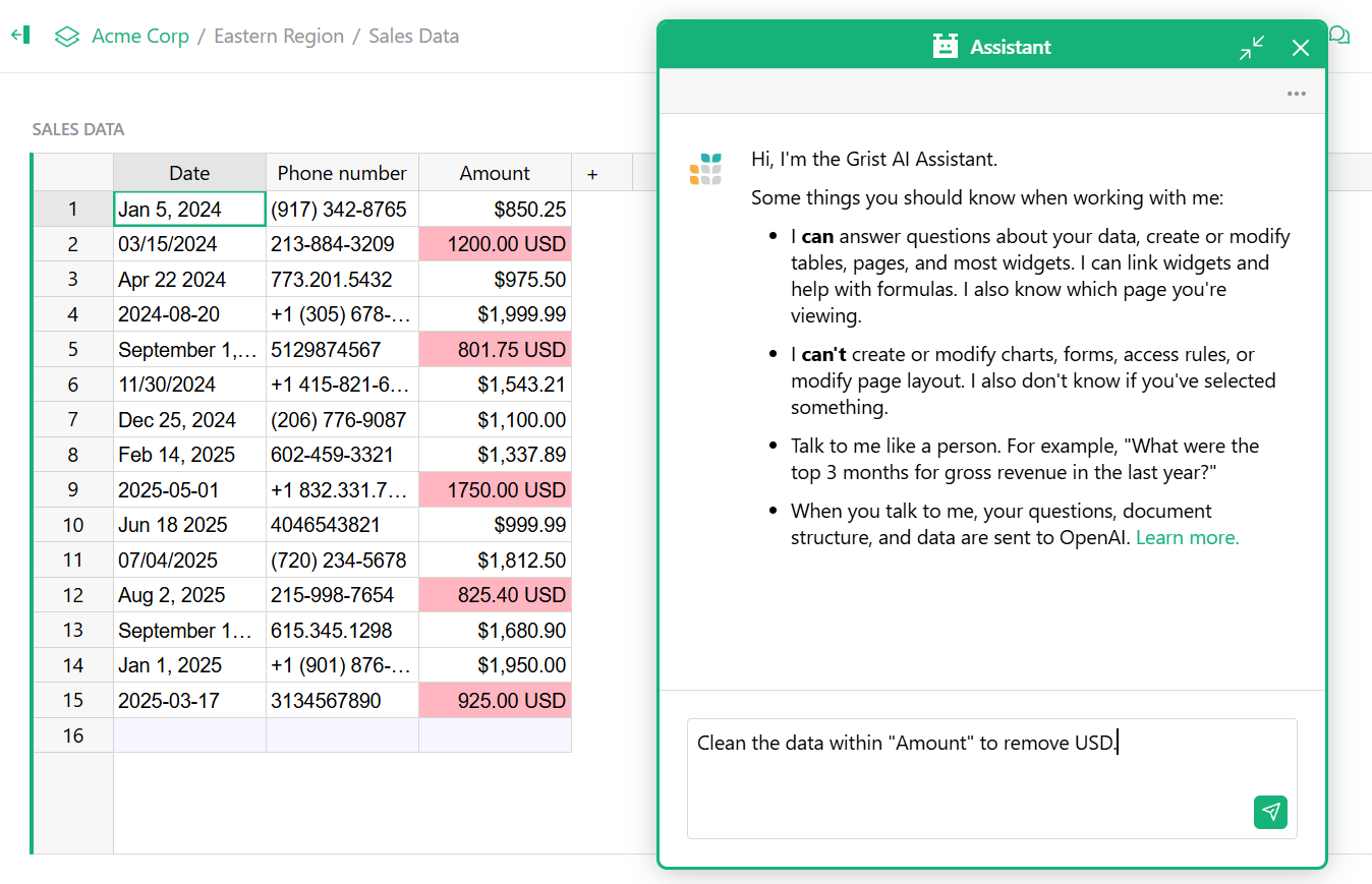 screenshot of using the AI assistant for spreadsheet data cleaning