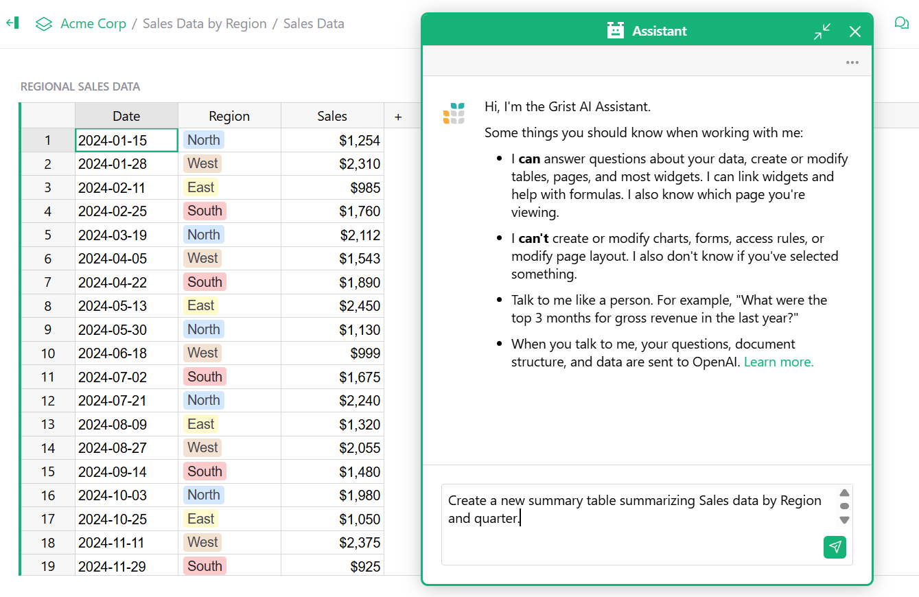 screenshot of using the AI Assistant for spreadsheet data visualization