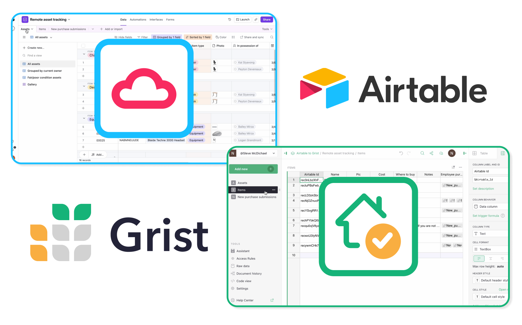Grist as a self-hostable Airtable alternative, screenshot comparison