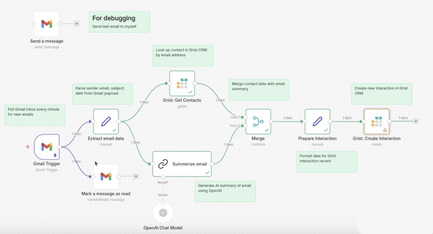 n8n + Grist email based CRM