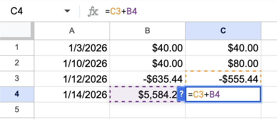 Google Docs screenshot showing a basic running balance formula: =C3+B4