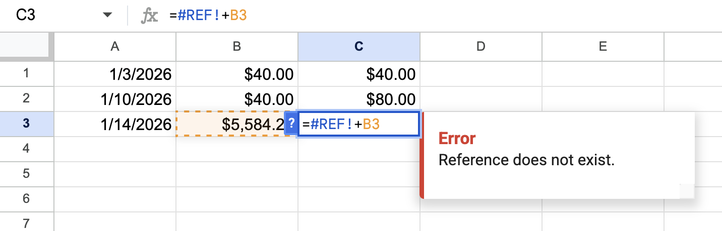 Google Docs screenshot showing a reference error after a row is deleted.