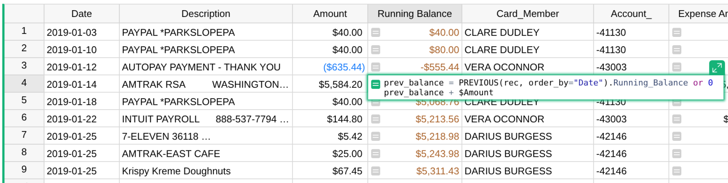 Grist screenshot showing prev_balance formula in Running Balance column.
